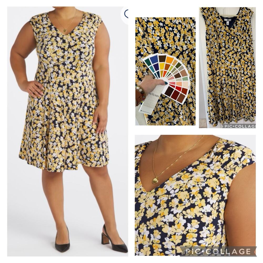 Wisp Womens Plus 2X Navy Yellow Floral V-Neck Sleeveless Lined Stretch Dress